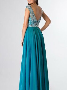 Sherri Hill Teal Beaded Bodice Backless Evening Cap Sleeve Gown